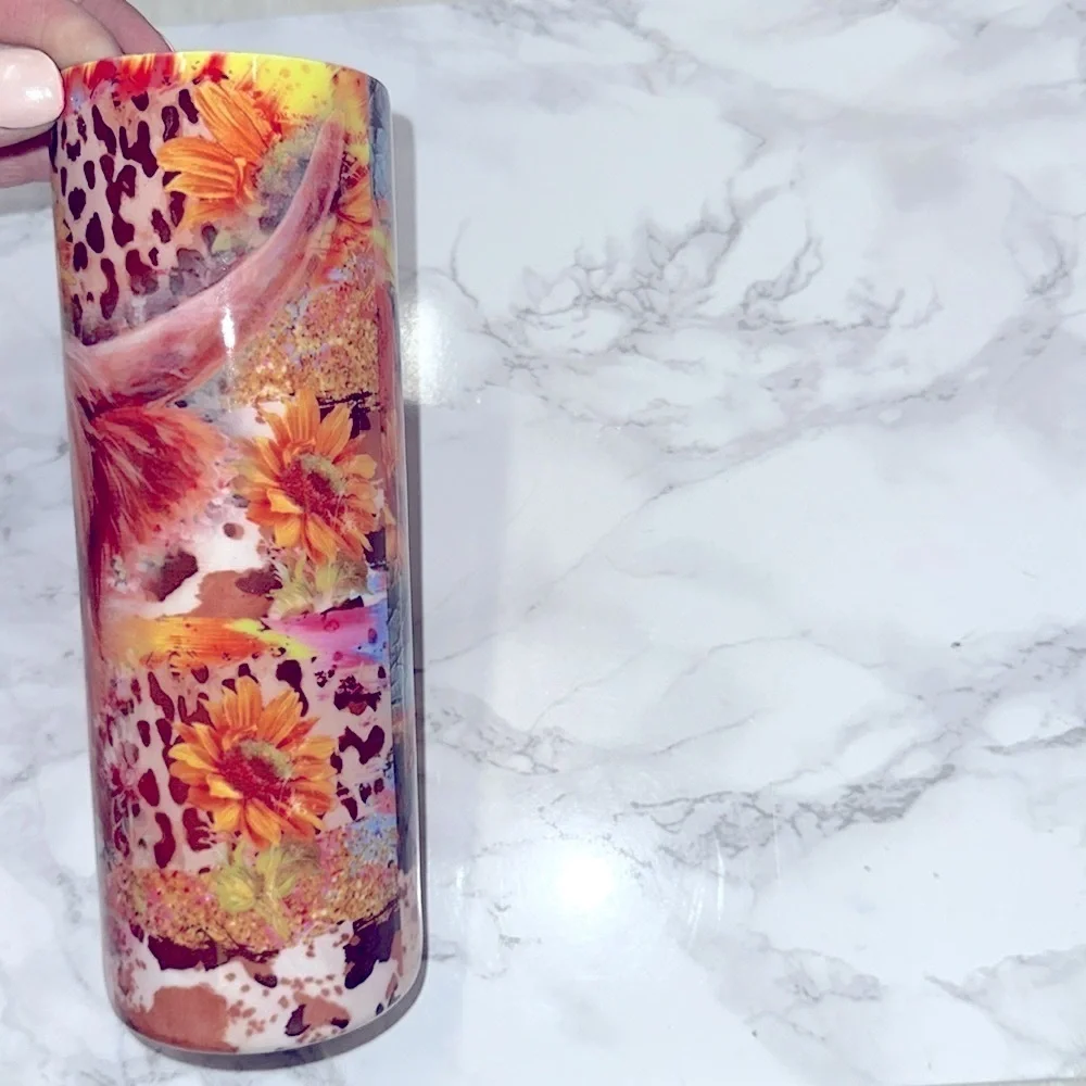 Colorful cow with horns tall Floral Tumbler no lid